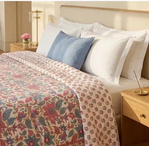 House of Avana Cream & Rose Pink Dusty Blue Floral Jaipur Indian Hand Block Print Quilted Comforter by House Of Avana