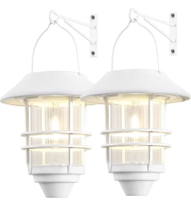 2 Pack Security Solar Hanging Lanterns , Wall/Porch Lights 15 Lumen Heavy Glass & Stainless by Outdoor Solar Outlet