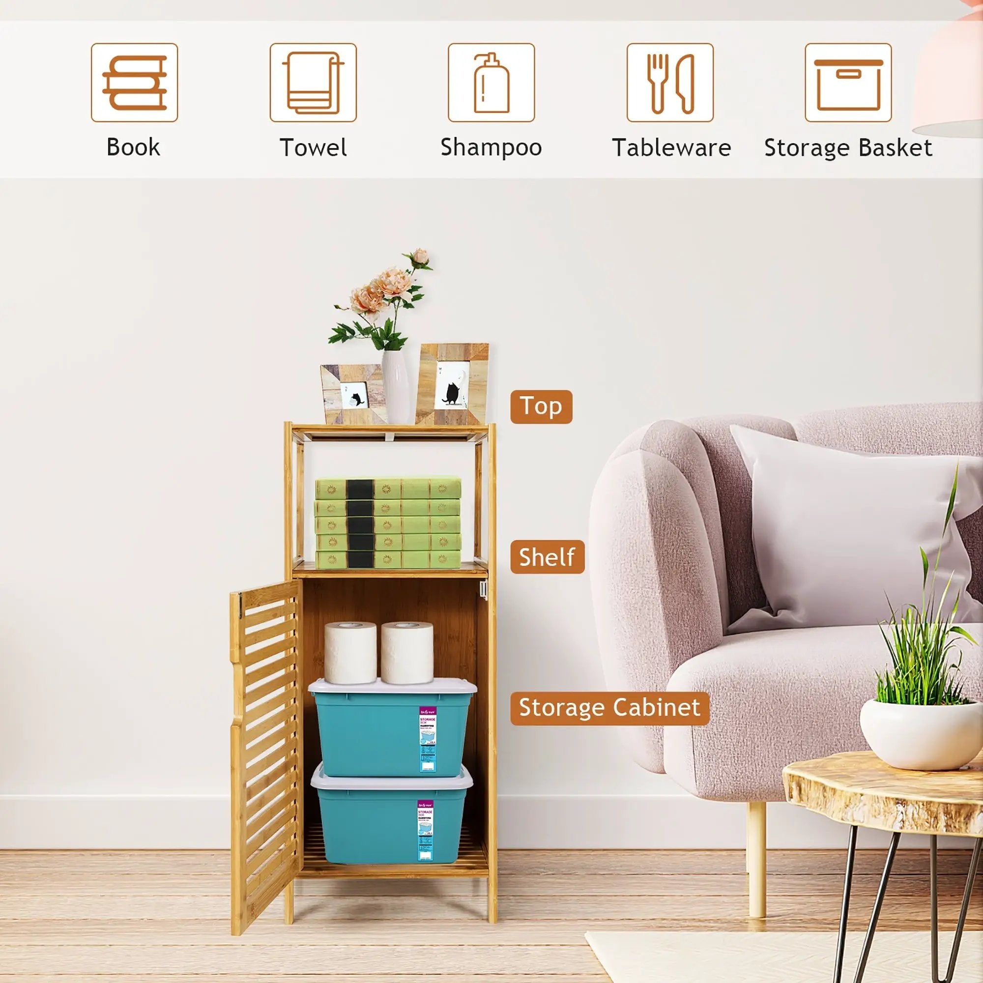 Bamboo Bathroom Storage Floor Cabinet with Door and Shelf Corner Cabinet by DirectDeals