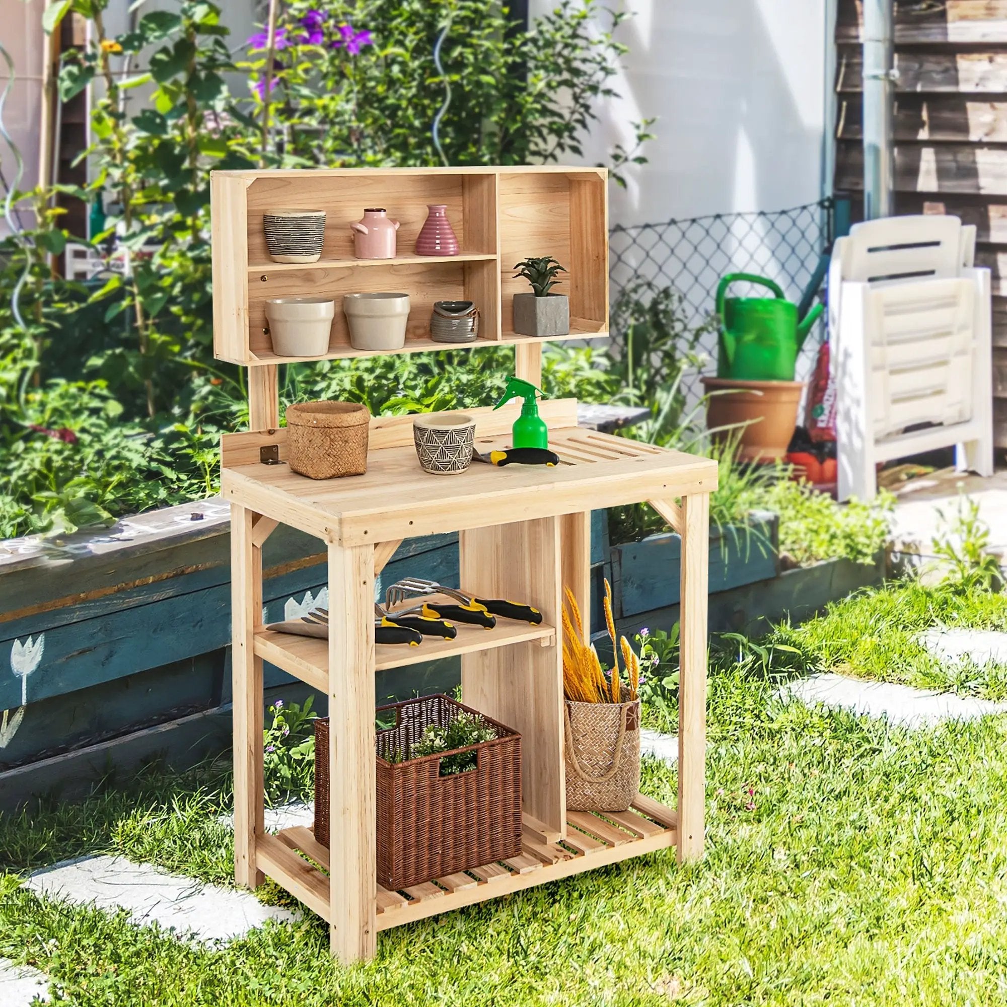 Garden Wooden Potting Table Workstation with Storage Shelf by DirectDeals