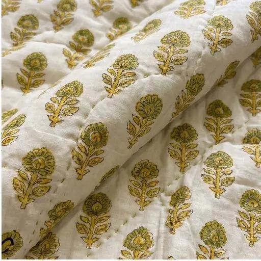House of Avana Cream & Mustard Yellow Floral Jaipur Indian Hand Block Print Quilted Comforter by House Of Avana