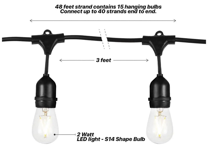 24Ft Plug-In LED Outdoor String Lights Waterproof- Hanging, Dimmable 2W Vintage Edison Bulbs by Outdoor Solar Outlet