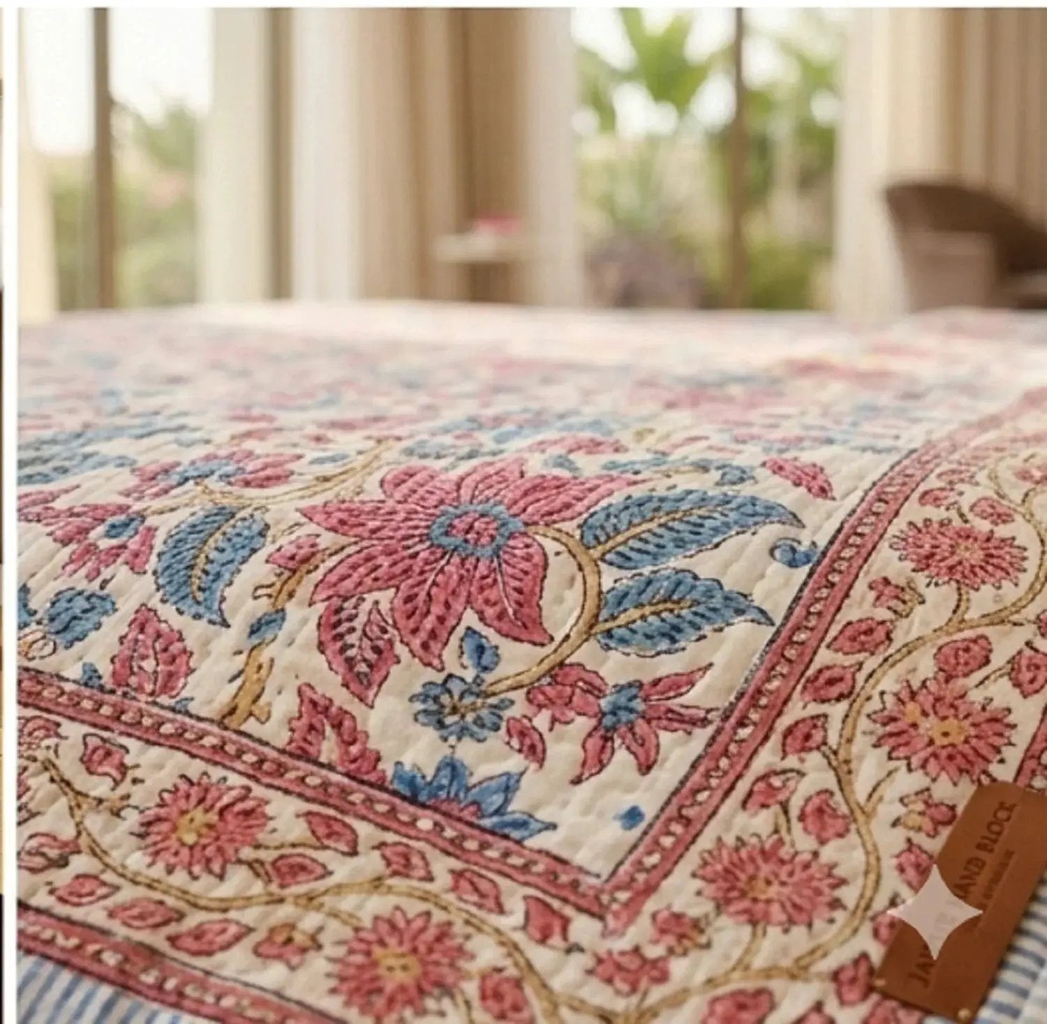 House of Avana Cream & Rose Pink Dusty Blue Floral Jaipur Indian Hand Block Print Quilted Comforter by House Of Avana