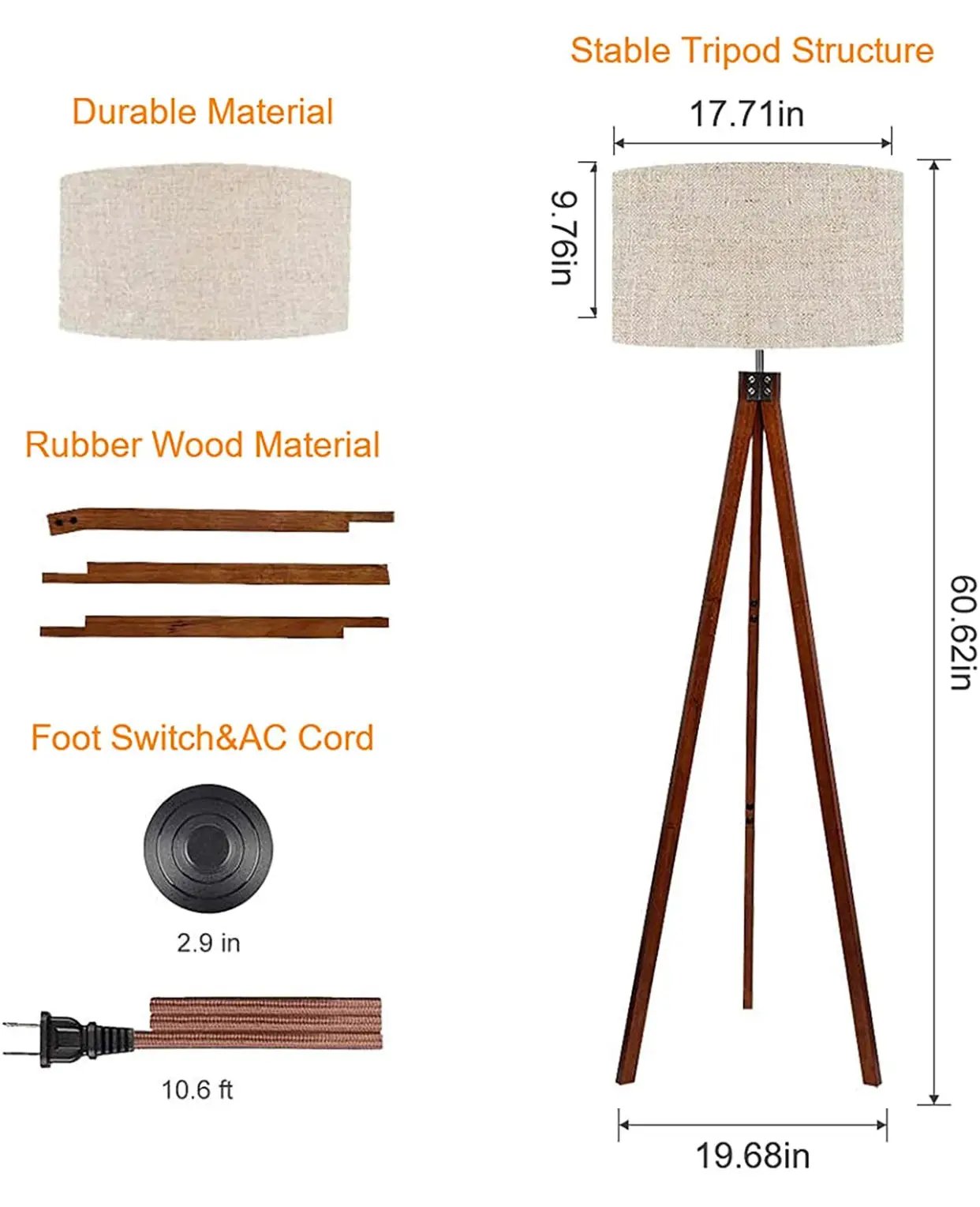 Modern Tripod LED Floor Lamp – Mid Century Dimmable Modern Light for Contemporary Living Rooms - Tall Free Standing Lamp with Solid Wood Legs by Outdoor Solar Outlet