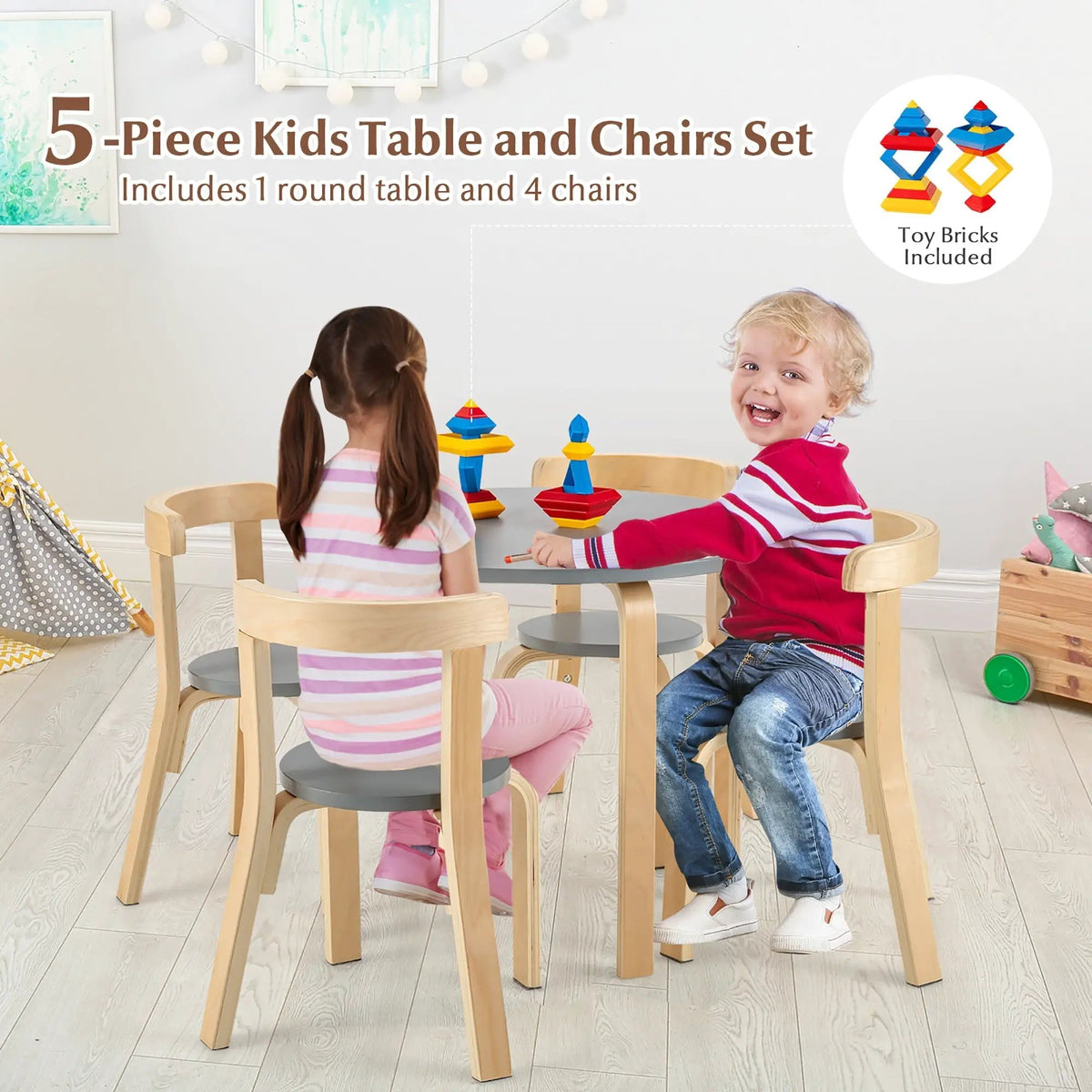 5-Piece Kids Wooden Curved Back Activity Table and Chair Set with, photo 7 of 10