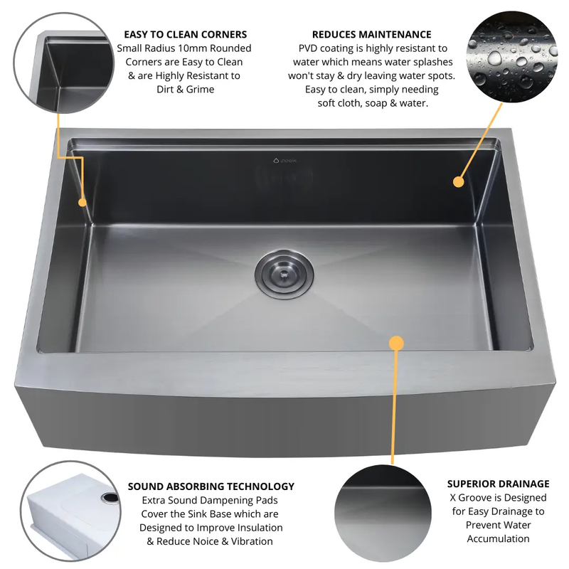 Zeek 33" Farmhouse Workstation Single Bowl Gunmetal Matte Black Kitchen Sink With Accessories PVD Nano Tech Coating ENZO ZA-B332 by ZEEK