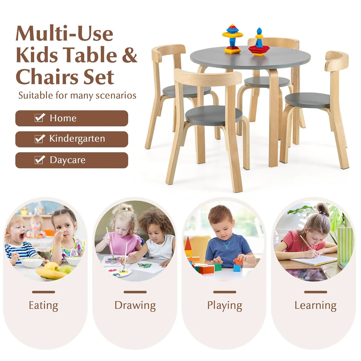 5-Piece Kids Wooden Curved Back Activity Table and Chair Set with, photo 6 of 10
