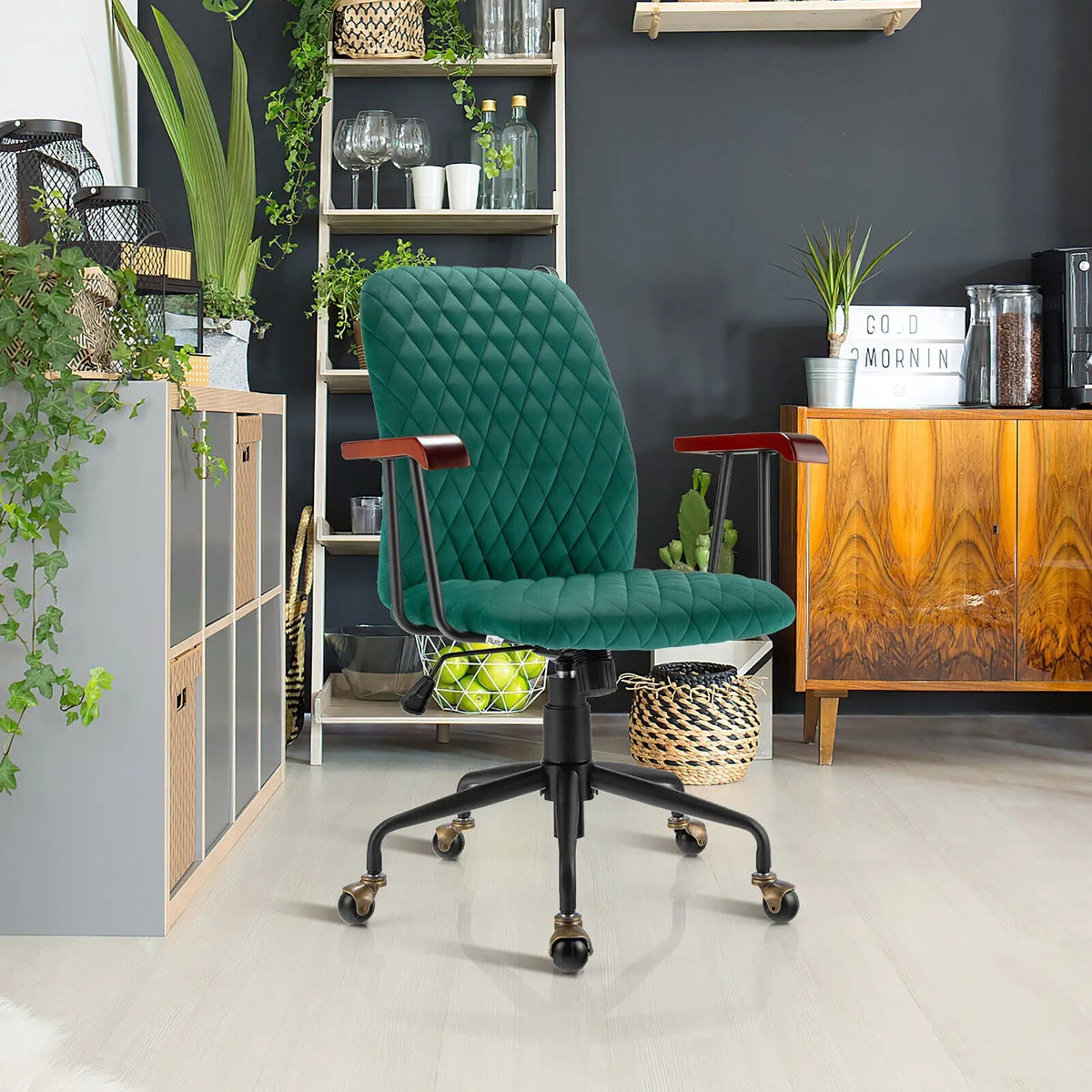 Velvet Home Office Chair with Wooden Armrest, photo 8 of 11
