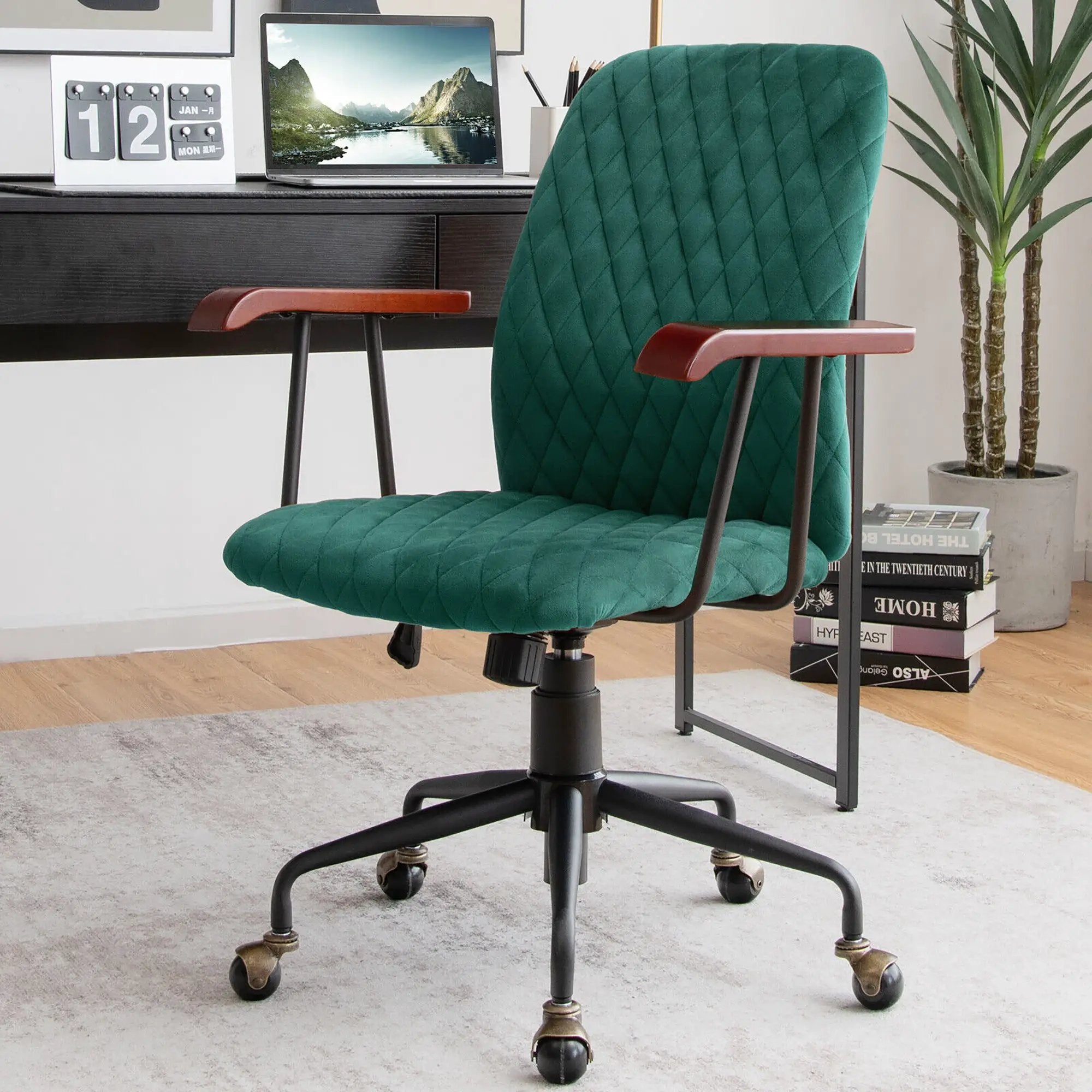 Velvet Office Chair with Wooden Armrests - Adjustable Height by DirectDeals