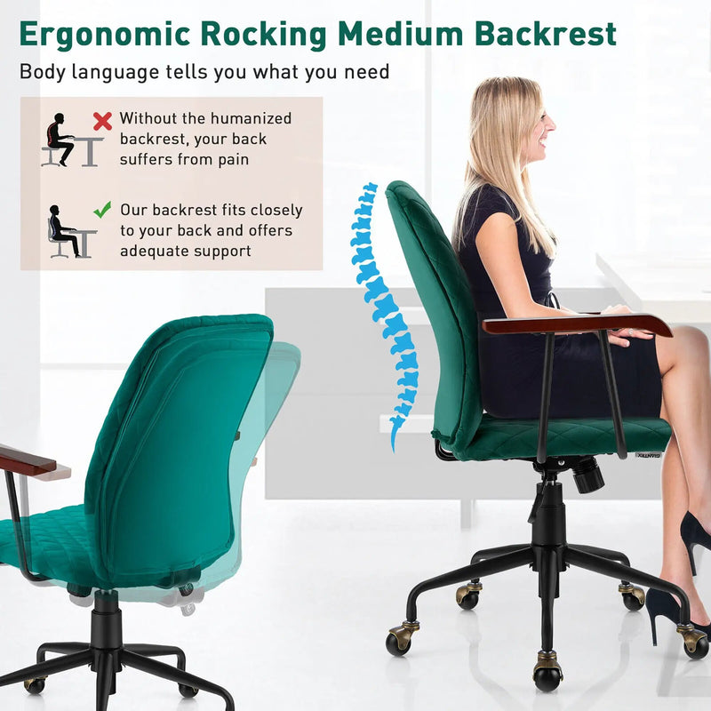 Velvet Office Chair with Wooden Armrests - Adjustable Height by DirectDeals