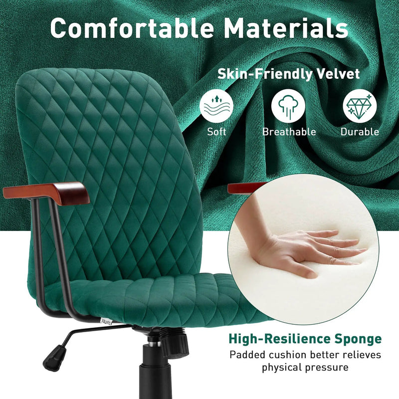 Velvet Office Chair with Wooden Armrests - Adjustable Height by DirectDeals