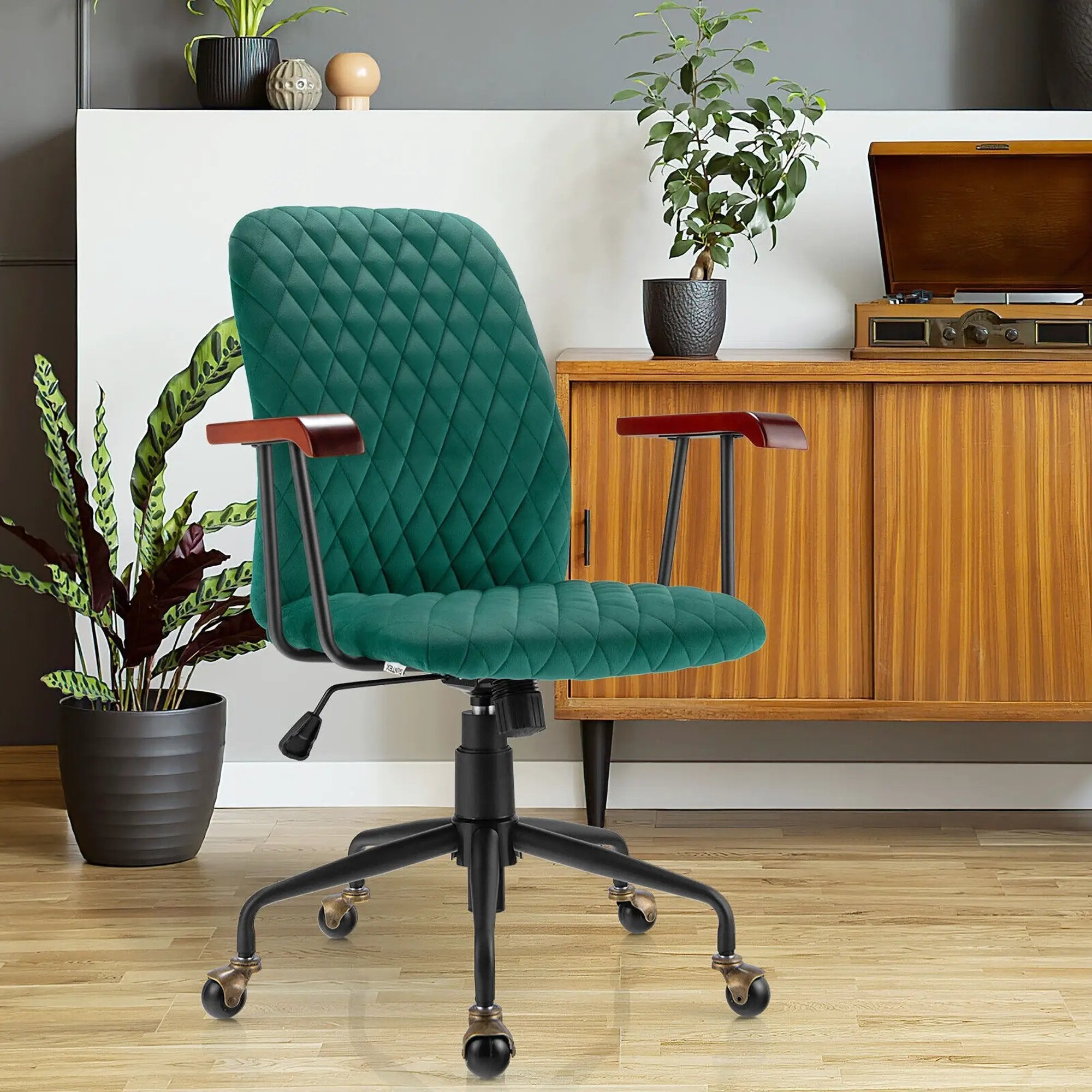 Velvet Office Chair with Wooden Armrests - Adjustable Height by DirectDeals