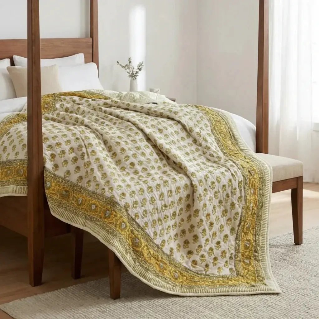 House of Avana Cream & Mustard Yellow Floral Jaipur Indian Hand Block Print Quilted Comforter by House Of Avana