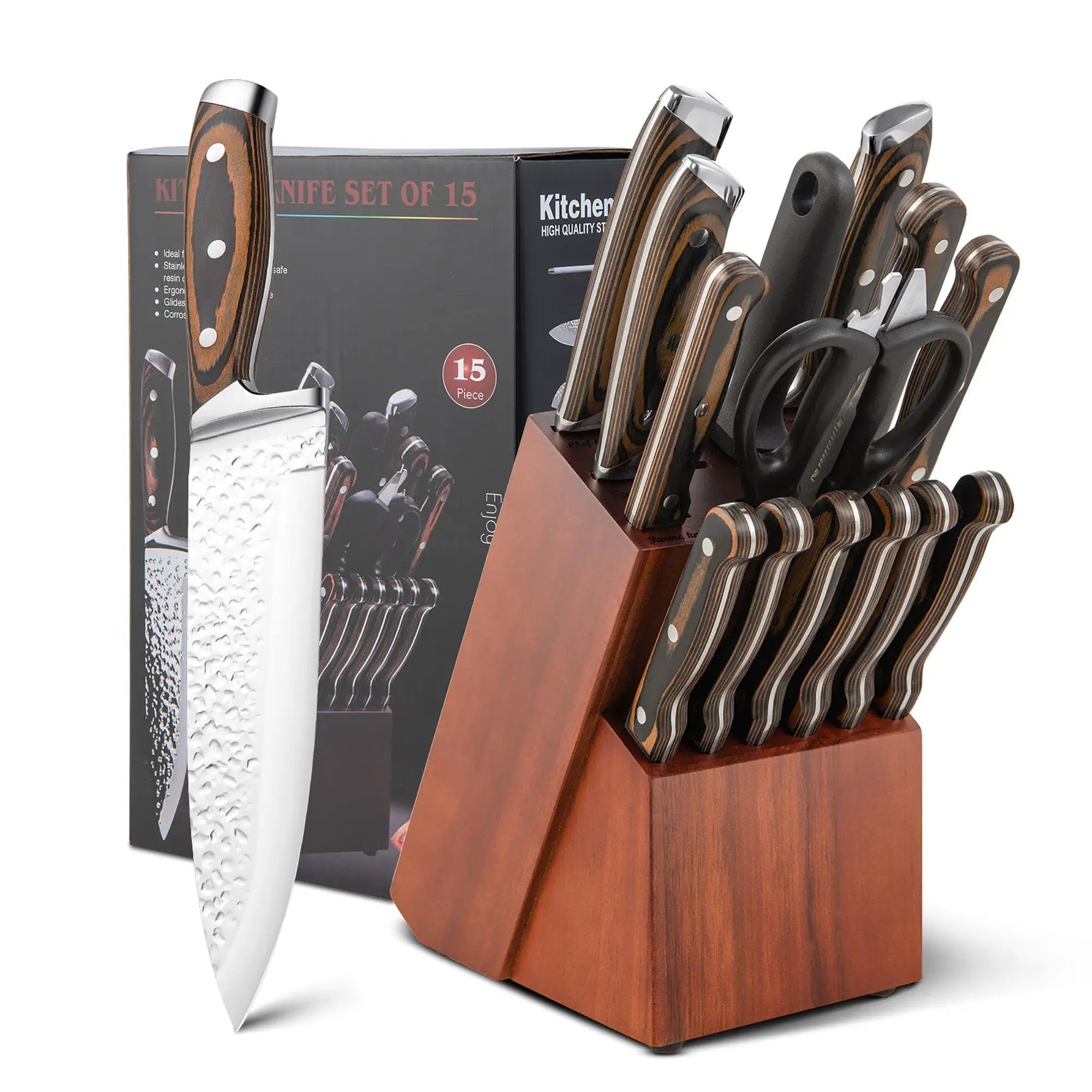 15 Pieces Stainless Steel Knife Block Set with Ergonomic Handle by DirectDeals