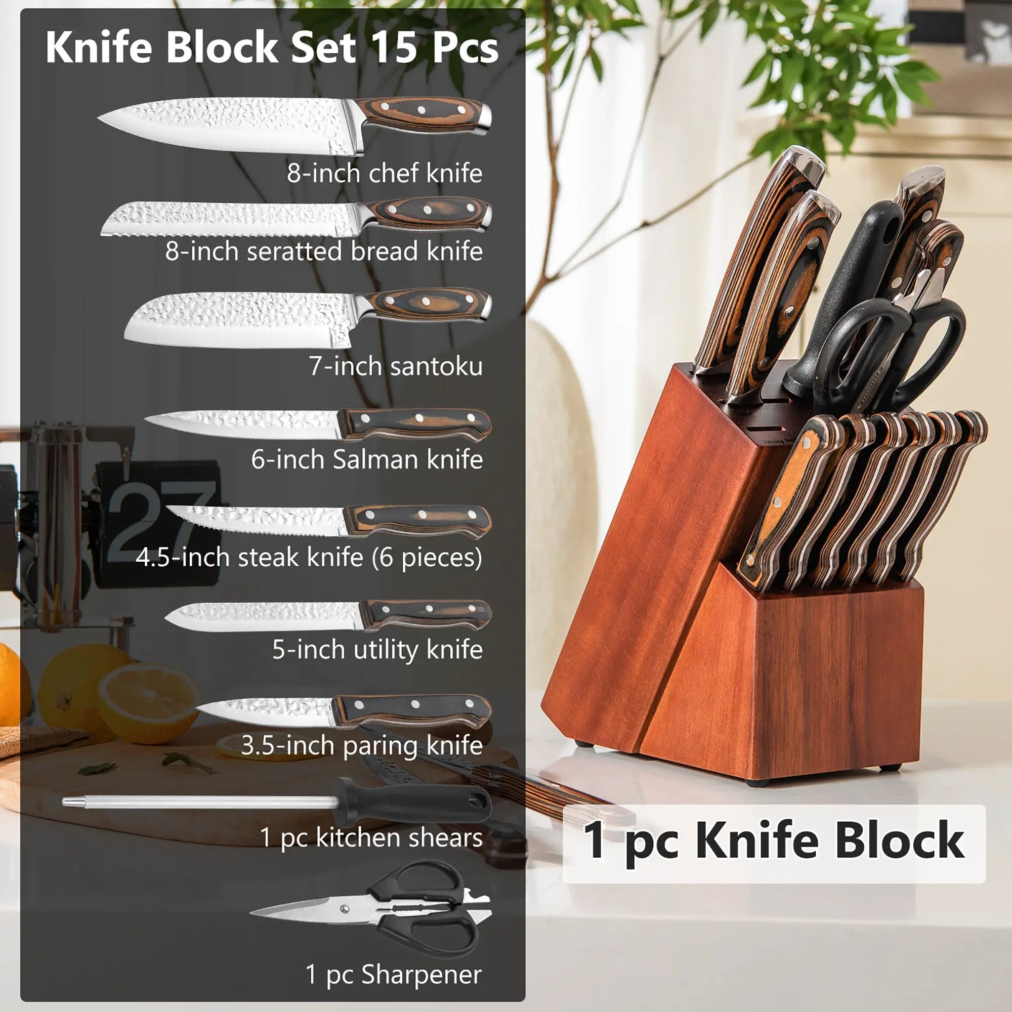 15 Pieces Stainless Steel Knife Block Set with Ergonomic Handle by DirectDeals