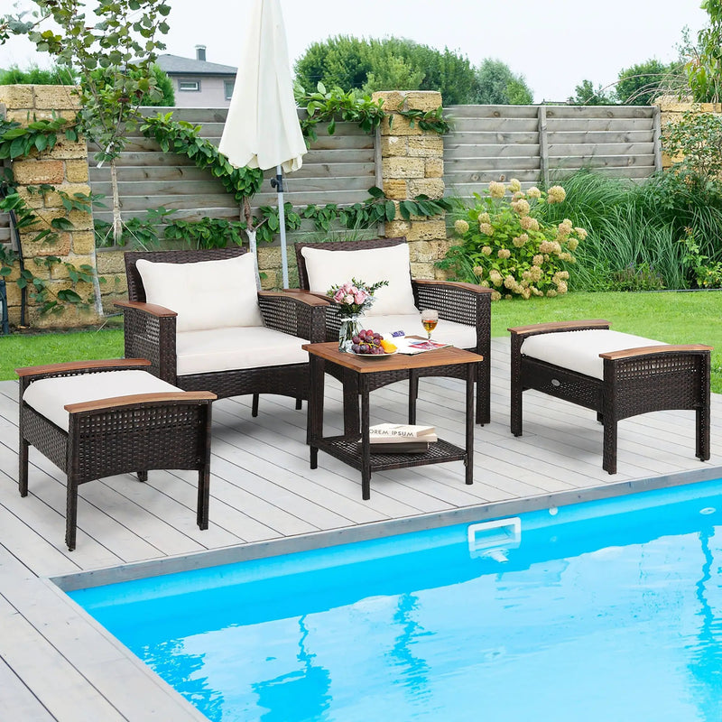 5 Pieces Patio Rattan Furniture Set with Acacia Wood Table by DirectDeals