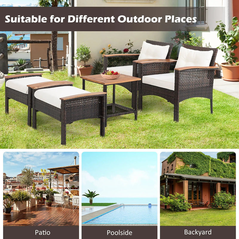 5 Pieces Patio Rattan Furniture Set with Acacia Wood Table by DirectDeals