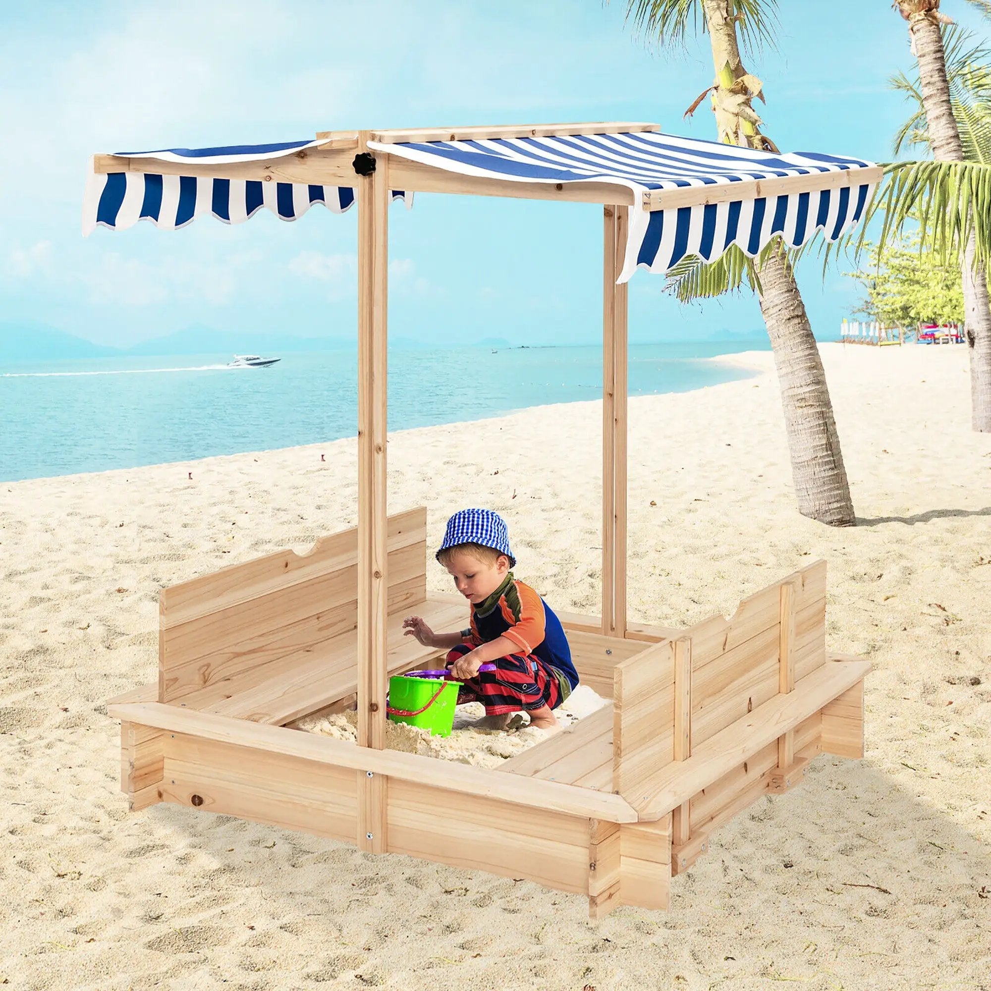 Kids Wooden Sandbox with Canopy and Bench Seats by DirectDeals