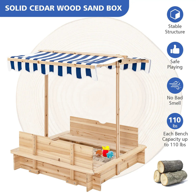 Kids Wooden Sandbox with Canopy and Bench Seats by DirectDeals