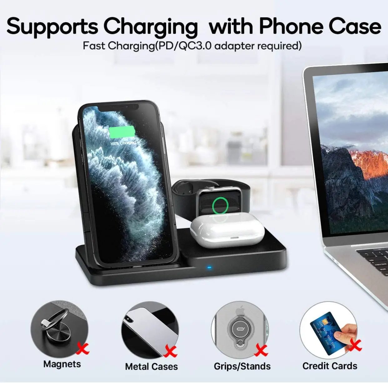 Wireless Charger, Qi-Certified Fast Wireless Charging Station for AirPods/Apple Watch Series/iPhone by Outdoor Solar Outlet