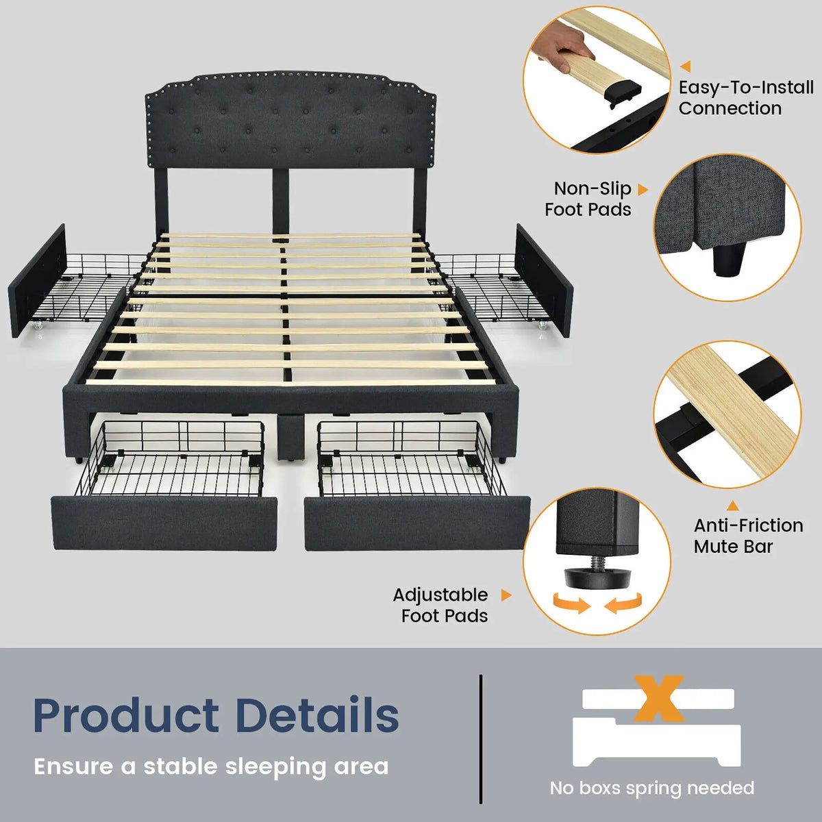 Platform Bed Frame with 4 Storage Drawers and Adjustable Headboard, photo 5 of 16