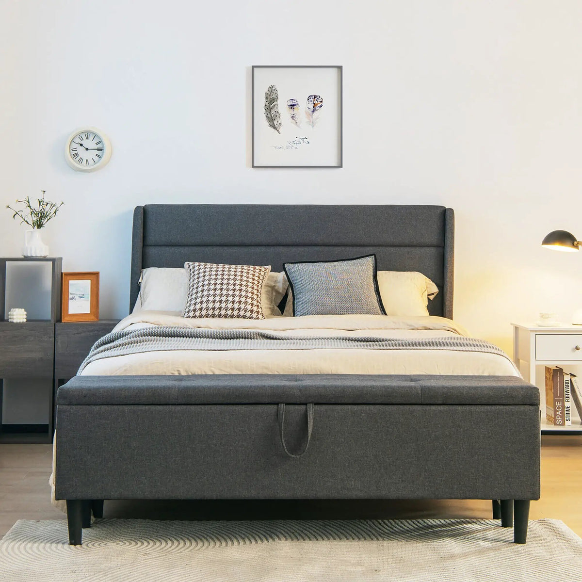 Full/Queen Size Upholstered Platform Bed Frame with Storage Ottoman, photo 13 of 16
