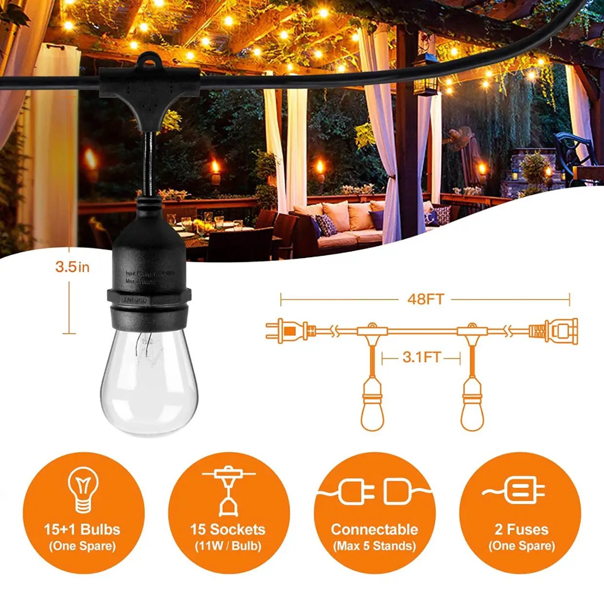 24Ft Plug-In LED Outdoor String Lights Waterproof- Hanging, Dimmable 2W Vintage Edison Bulbs by Outdoor Solar Outlet