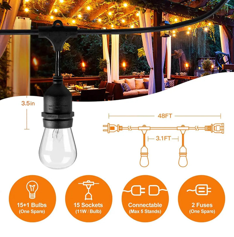 24Ft Plug-In LED Outdoor String Lights Waterproof- Hanging, Dimmable 2W Vintage Edison Bulbs by Outdoor Solar Outlet