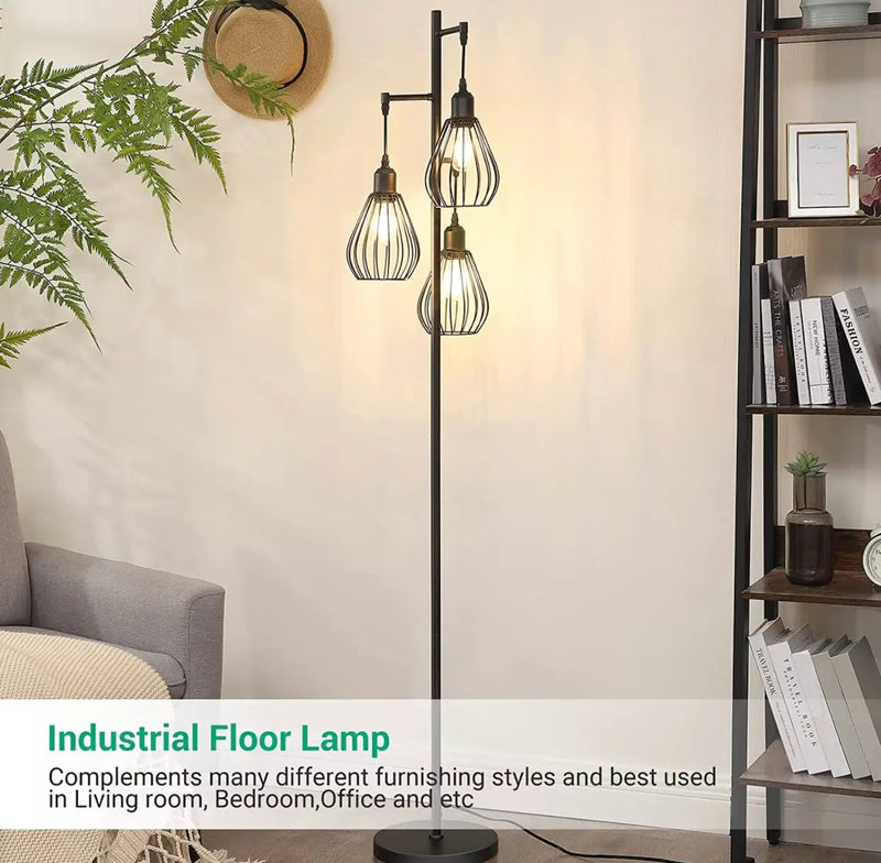 Floor Lamp Matches Industrial, Farmhouse & Rustic Living Rooms – Standing Tree Lamp with 3 Elegant Cage Heads & Edison LED Bulbs by Outdoor Solar Outlet