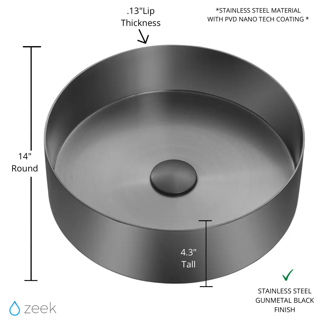 Zeek 14” Gunmetal Black Round Vessel Bathroom Sink Stainless Steel PVD Nano Tech Coating ZN-B144 by ZEEK
