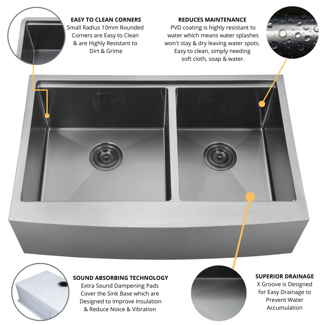 Zeek 33" Farmhouse Workstation 60/40 Bowl Gunmetal Matte Black Kitchen Sink With Accessories PVD Nano Tech Coating ENZO ZA-B642 by ZEEK