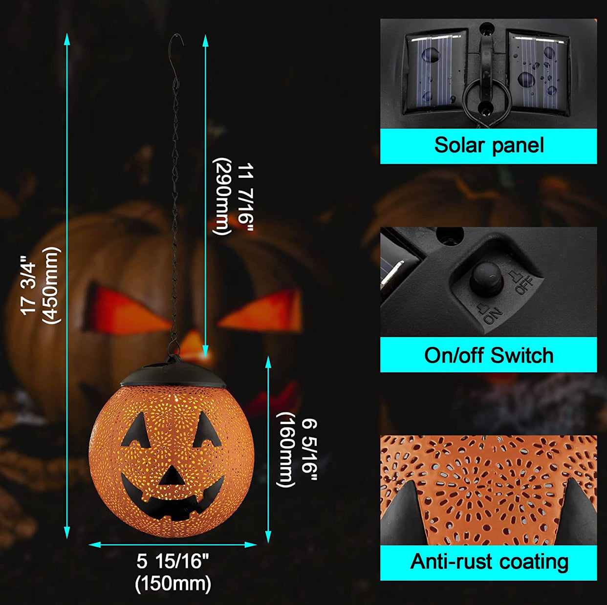 Halloween Solar Hanging Lights Outdoor - Garden Solar Metal Lantern Decor, Solar Powered Led Waterproof Decorative Round by Outdoor Solar Outlet