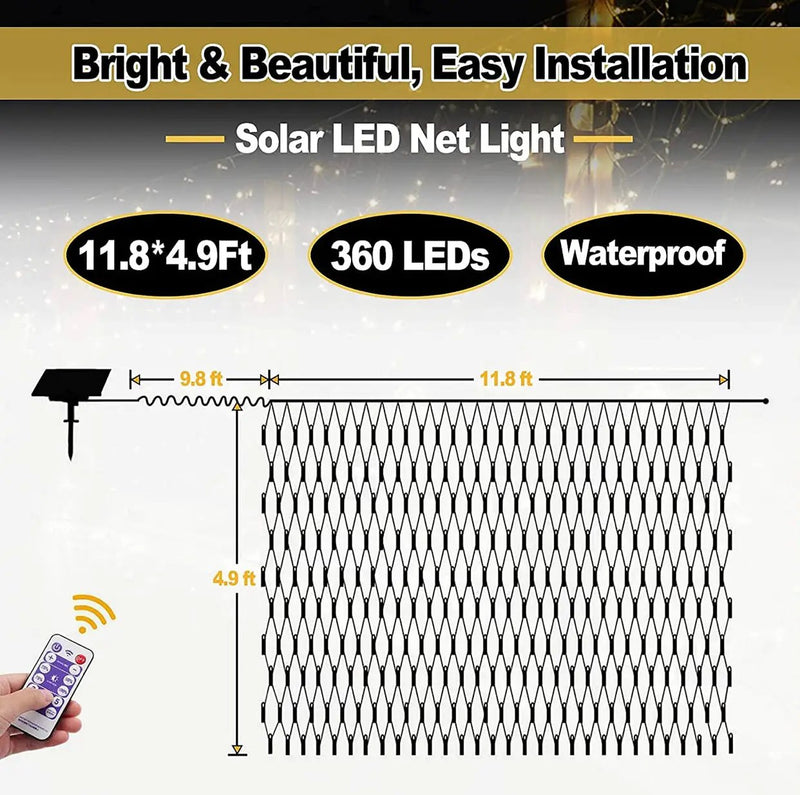 Solar Net Mesh Lights 360 LED with Remote, 11.8Ft x 4.9Ft Fence String Light by Outdoor Solar Outlet