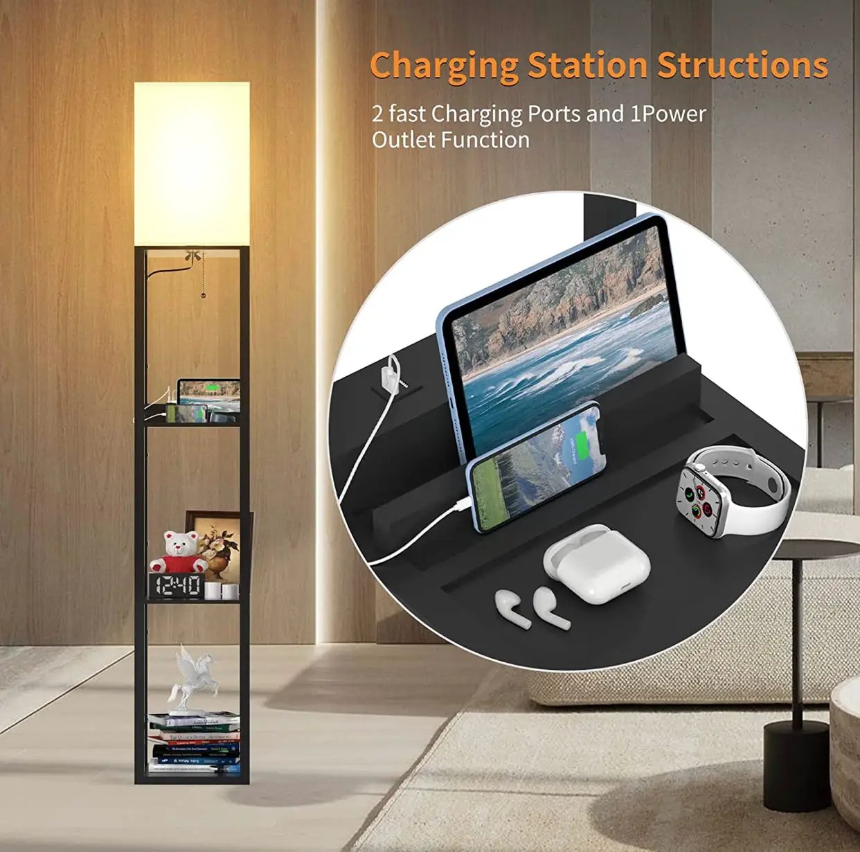 Floor Lamp Charger - Shelf Floor Lamp with USB Charging Ports and Electric Outlet by Outdoor Solar Outlet