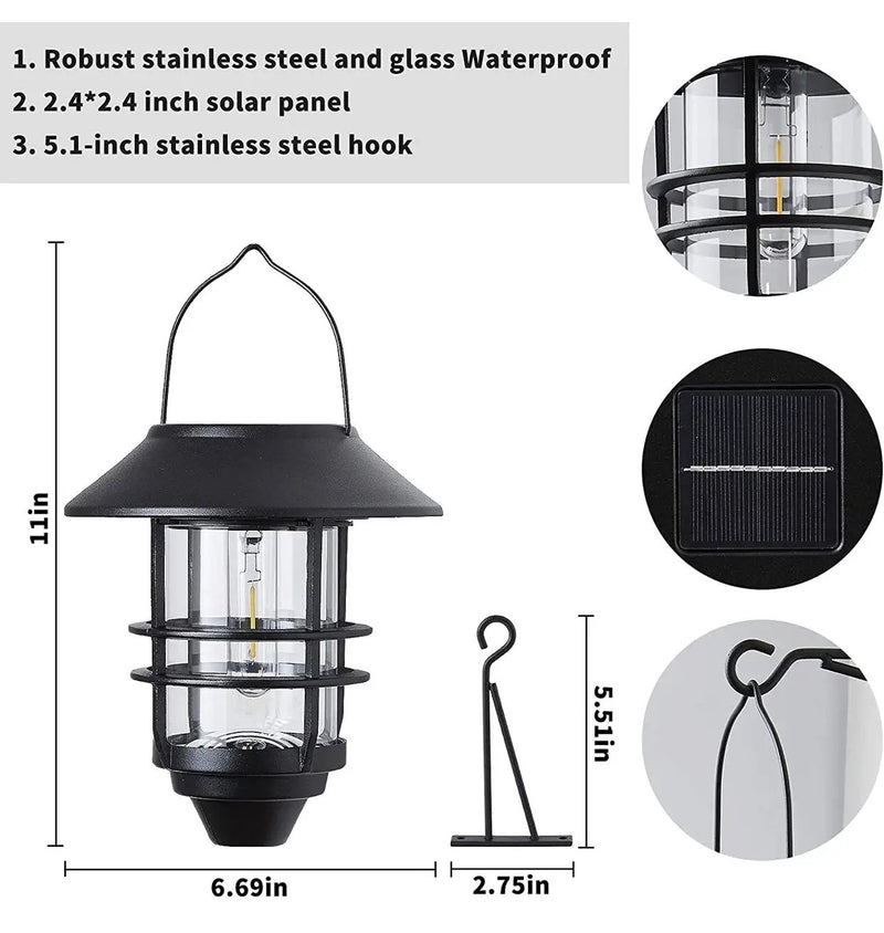 2 Pack Security Solar Hanging Lanterns , Wall/Porch Lights 15 Lumen Heavy Glass & Stainless by Outdoor Solar Outlet