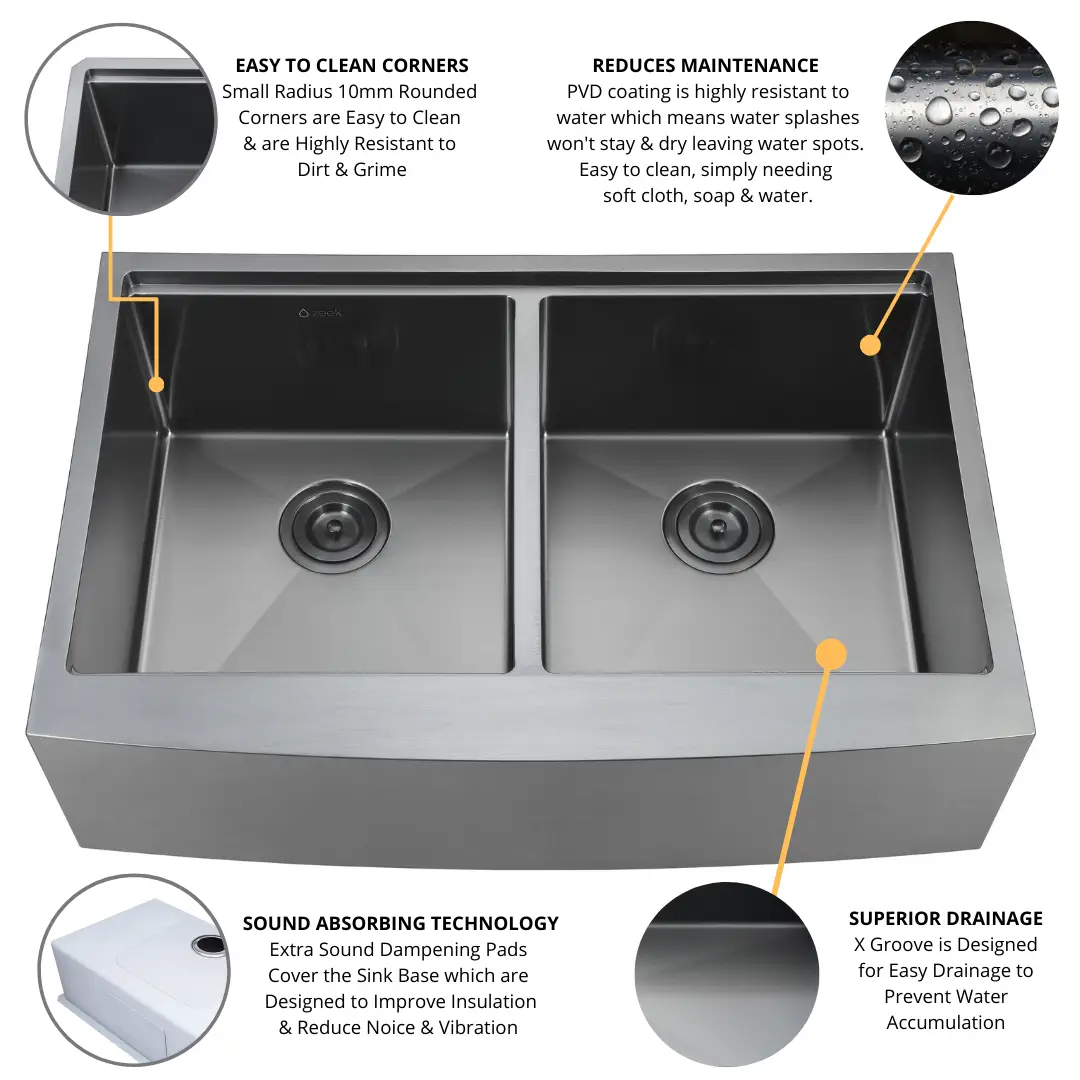 Zeek 33" Farmhouse Workstation Double Bowl Gunmetal Matte Black Kitchen Sink With Accessories PVD Nano Tech Coating ENZO ZA-B552 by ZEEK
