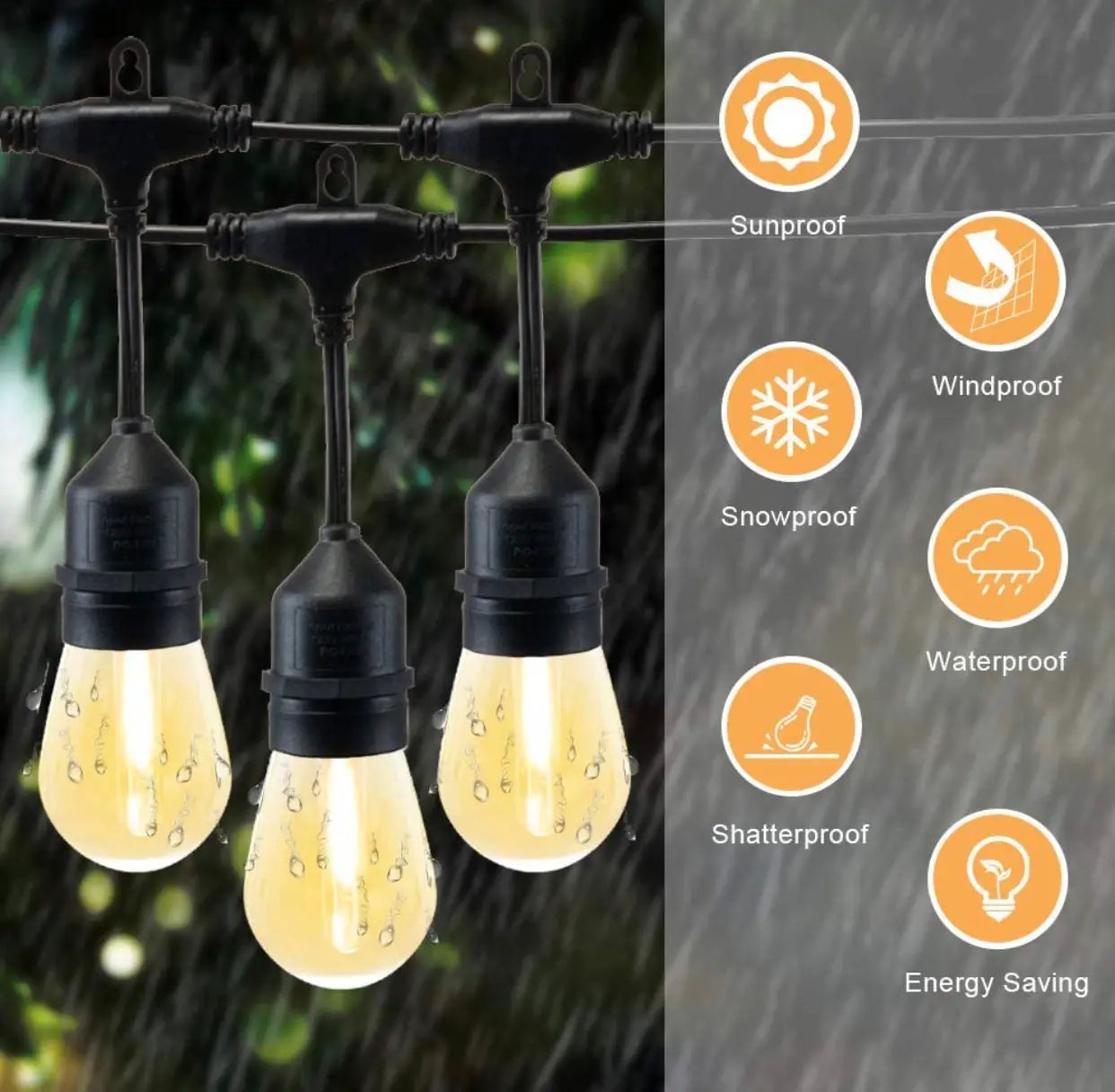 48Ft Solar Powered String Lights Waterproof LED Hanging Edison Bulb Lights with 15 Bulbs by Outdoor Solar Outlet