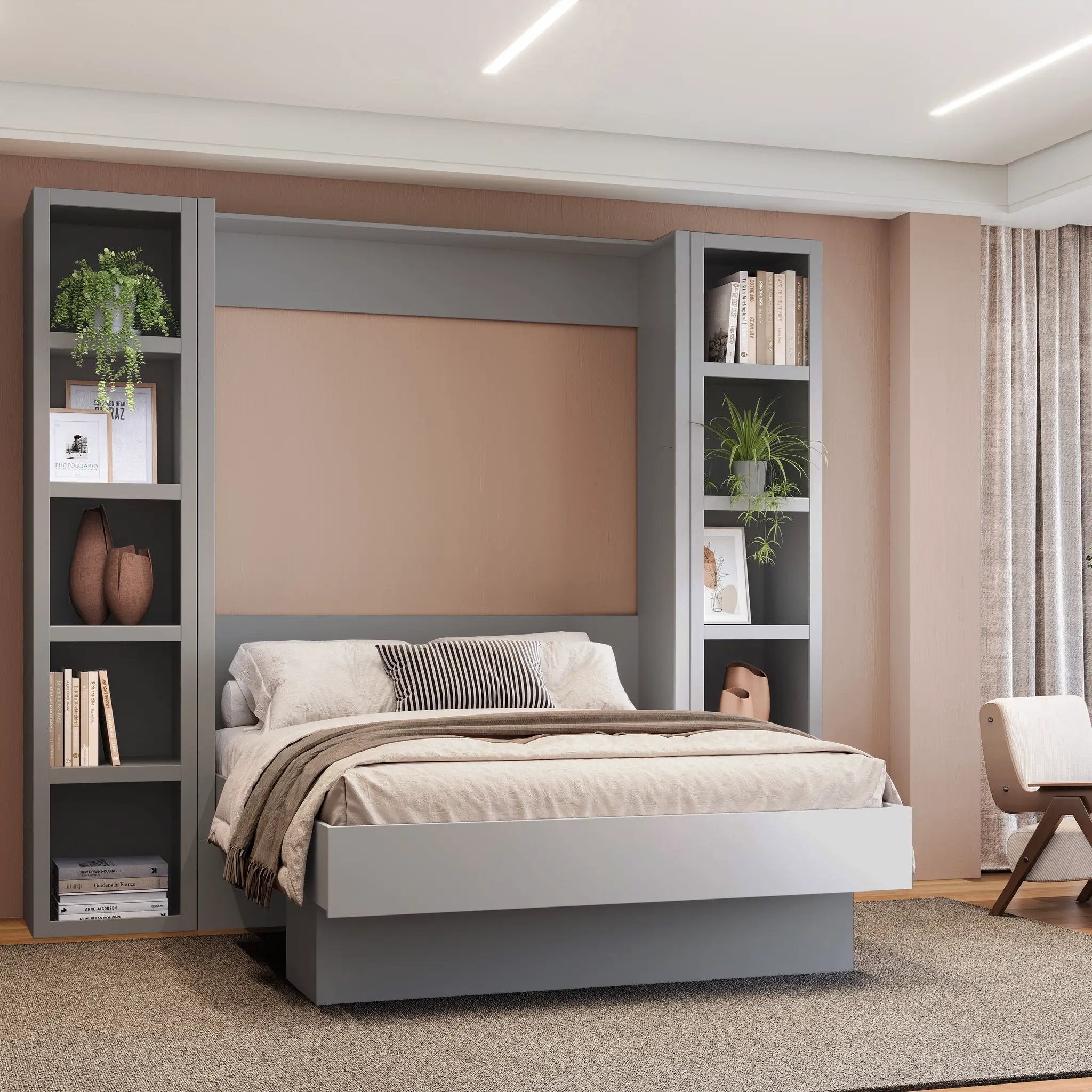 Easy-Lift Full Murphy Wall Bed in Grey with Two Bookshelves by Sharicks