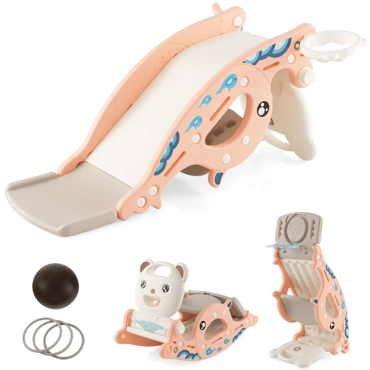 4-in-1 Kids Slide Rocking Horse with Basketball and Ring Toss, photo 9 of 9