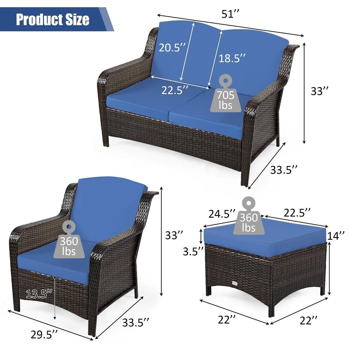 5 Pieces Patio Rattan Sofa Set with Cushion and Ottoman, photo 5 of 10