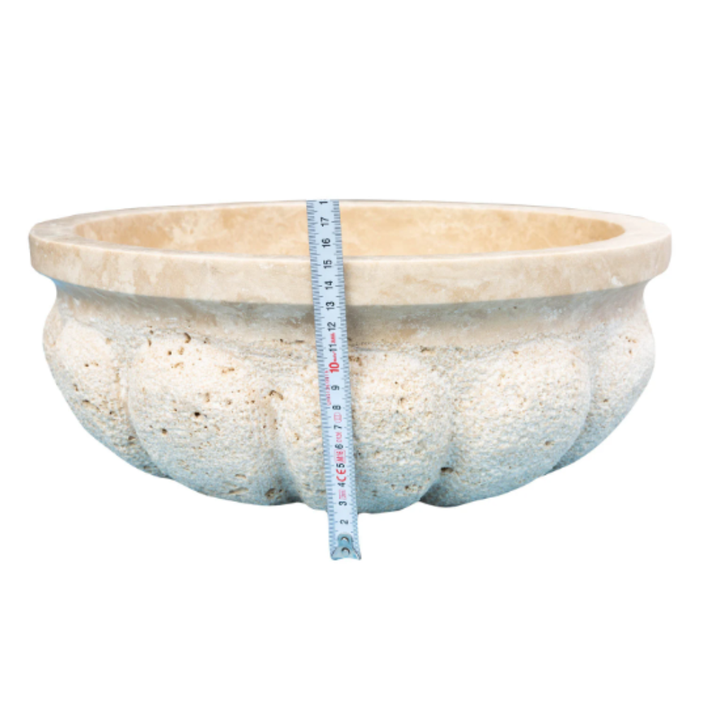Light Travertine Pumpkin Shaped Vessel Sink Honed Natural Stone 16 x 6 Inches by GobekDesign