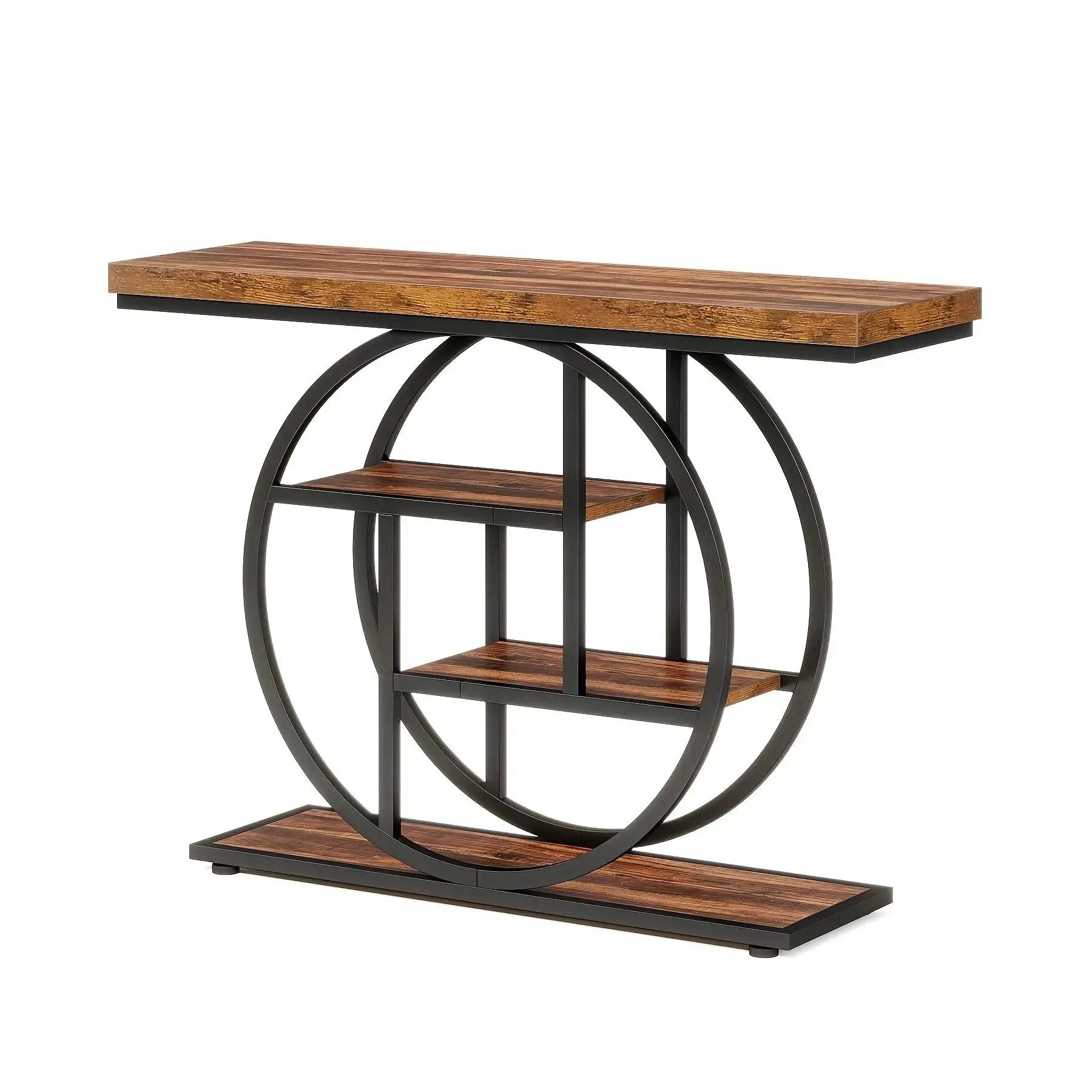 [Industrial Console Table] Industrial Style 41.3" Console Table | 4-Tier Sofa Table With Round Base & Storage Shelves For Living Room, Hallway, Foyer - Rustic Brown by House Of Avana