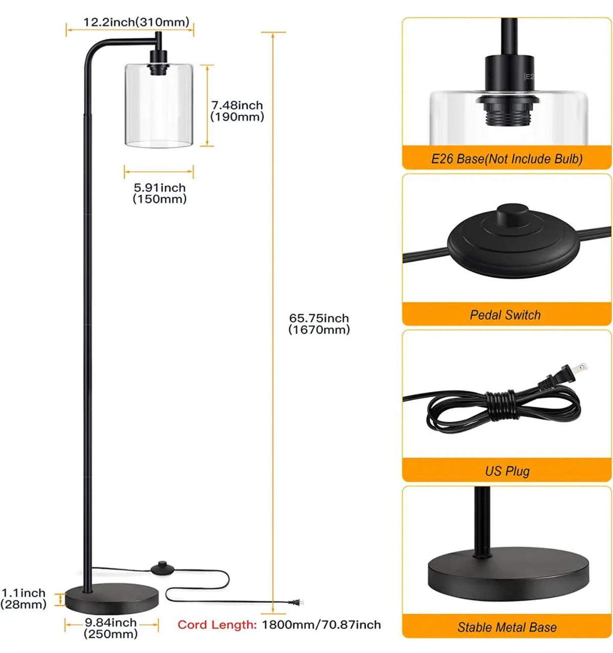 Industrial Floor Lamp, Modern Standing Lamps with Hanging Clear Glass Shade by Outdoor Solar Outlet