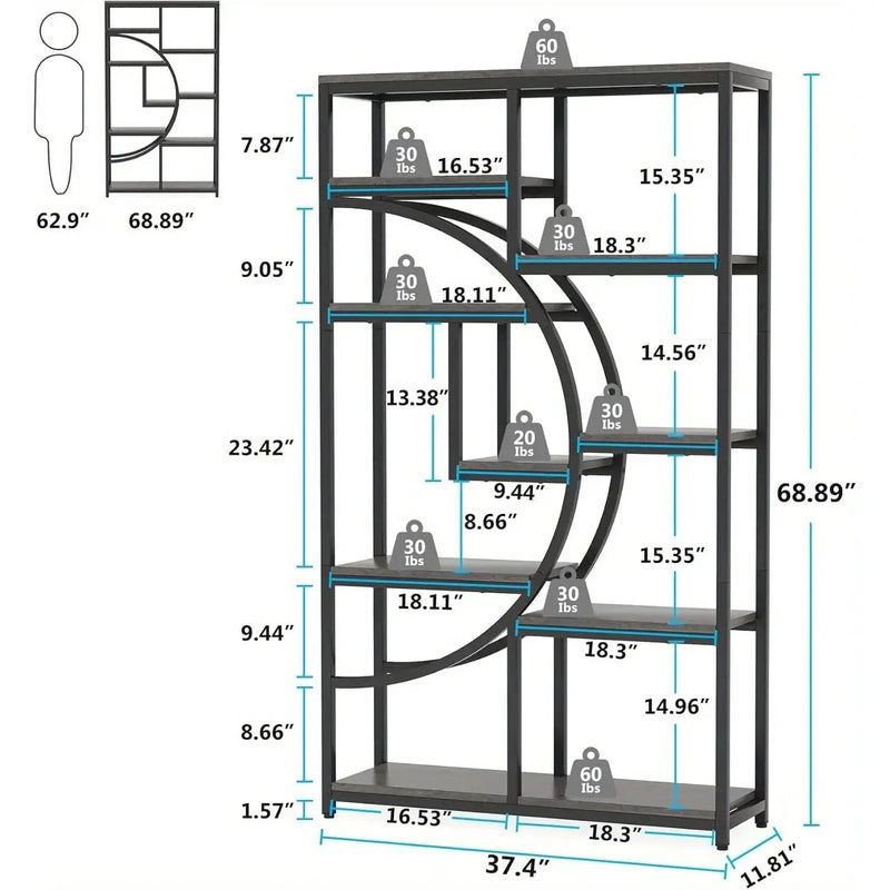 Industrial Metal 5 Tier Bookcase, Freestanding Bookshelf with Open Storage Shelves by House Of Avana