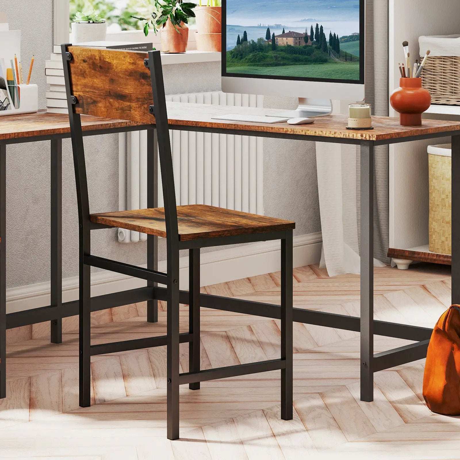 Industrial Kitchen Side Chairs Set of 2 with Metal Legs and Slanted Back-Rustic Brown by DirectDeals