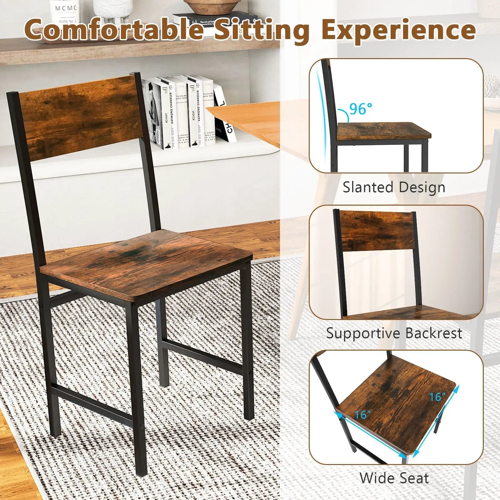Industrial Kitchen Side Chairs Set of 2 with Metal Legs and Slanted Back-Rustic Brown by DirectDeals
