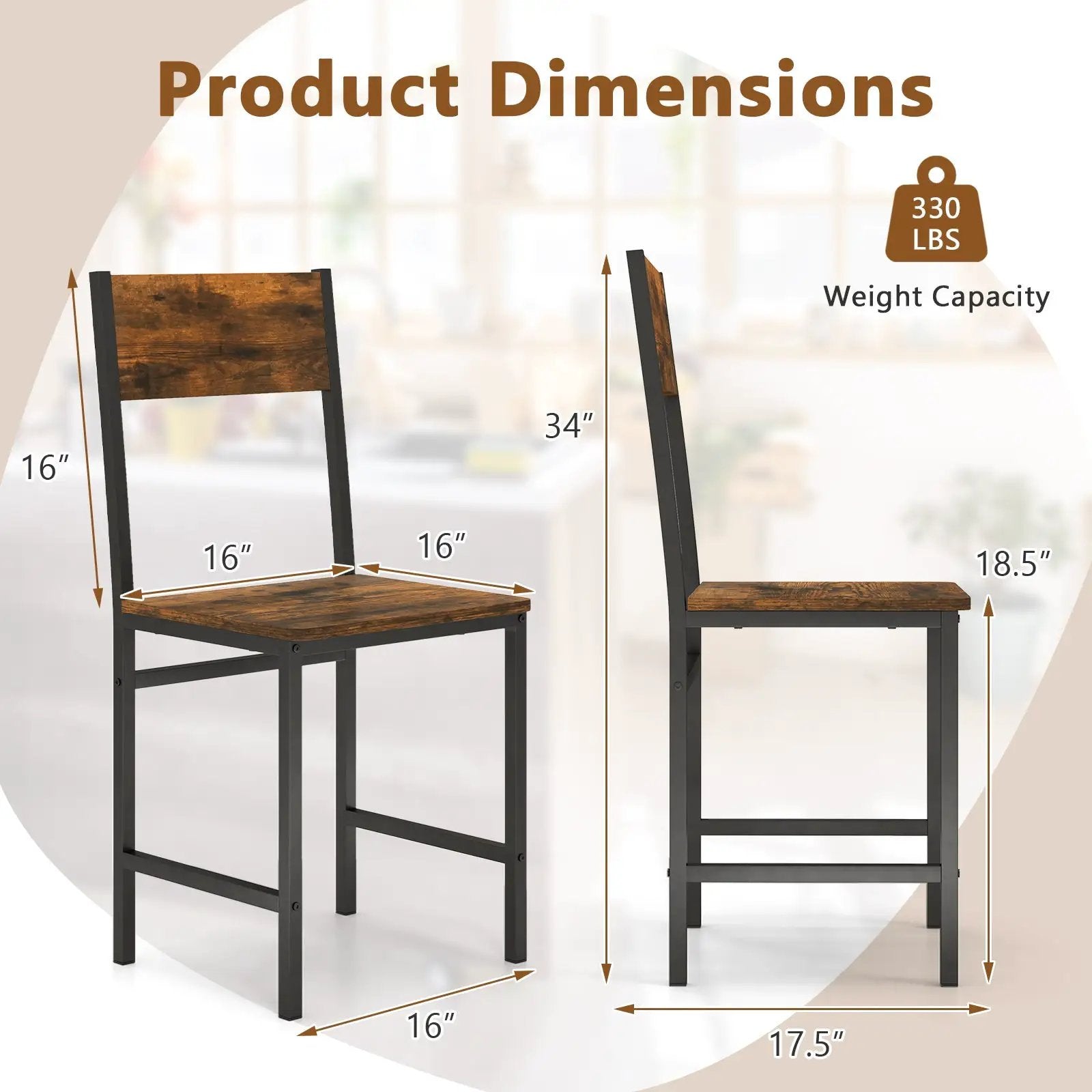 Industrial Kitchen Side Chairs Set of 2 with Metal Legs and Slanted Back-Rustic Brown by DirectDeals