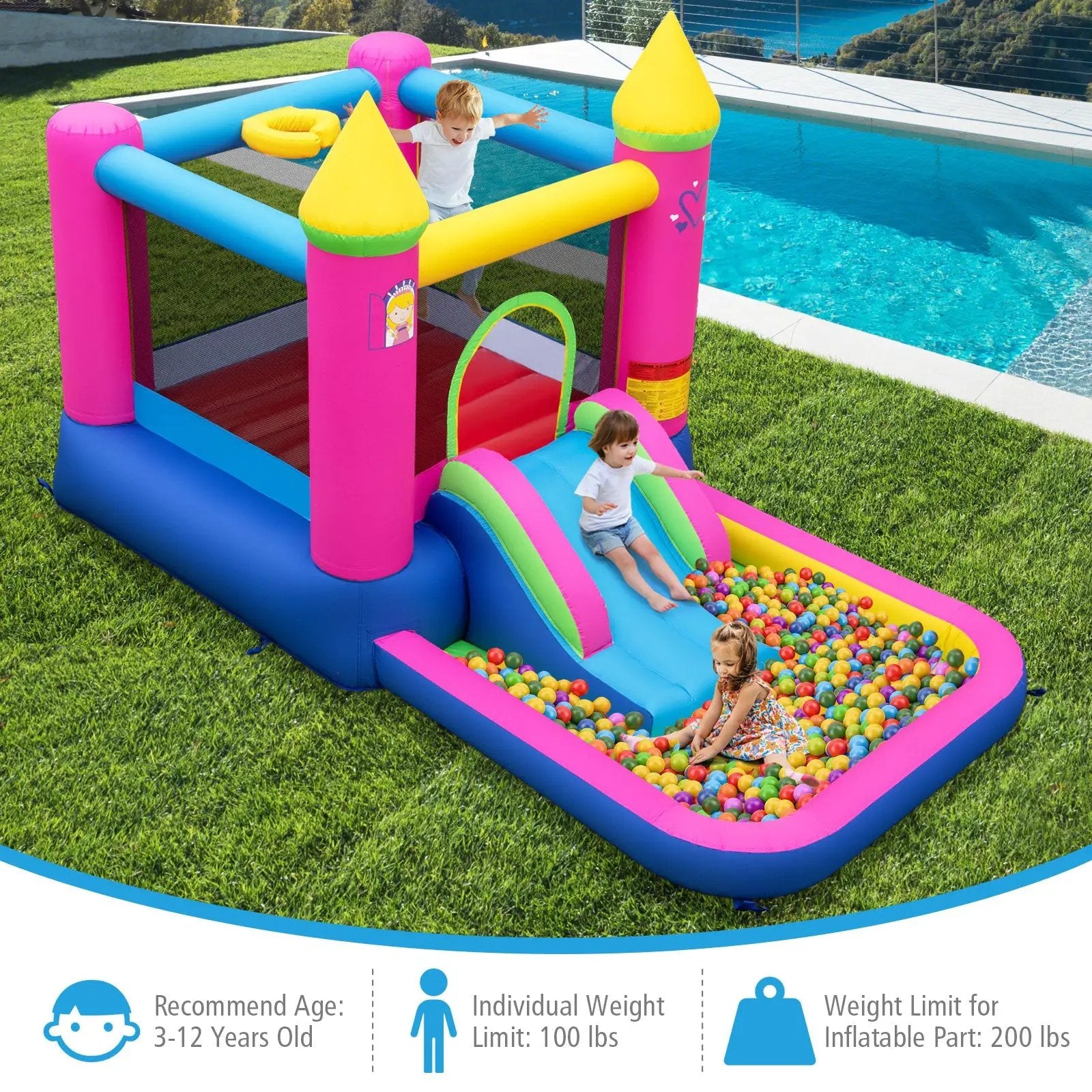 Inflatable Bounce House 4-in-1 Kids Princess-themed Bouncer Blow-up Bouncy Castle by DirectDeals