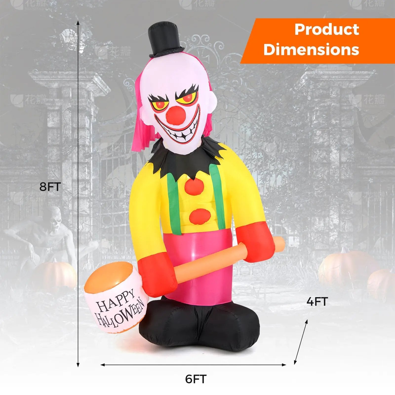 5.9 x 7.9 FT Inflatable Halloween Head Turning Clown with Hammer and Flashing Eyes by DirectDeals