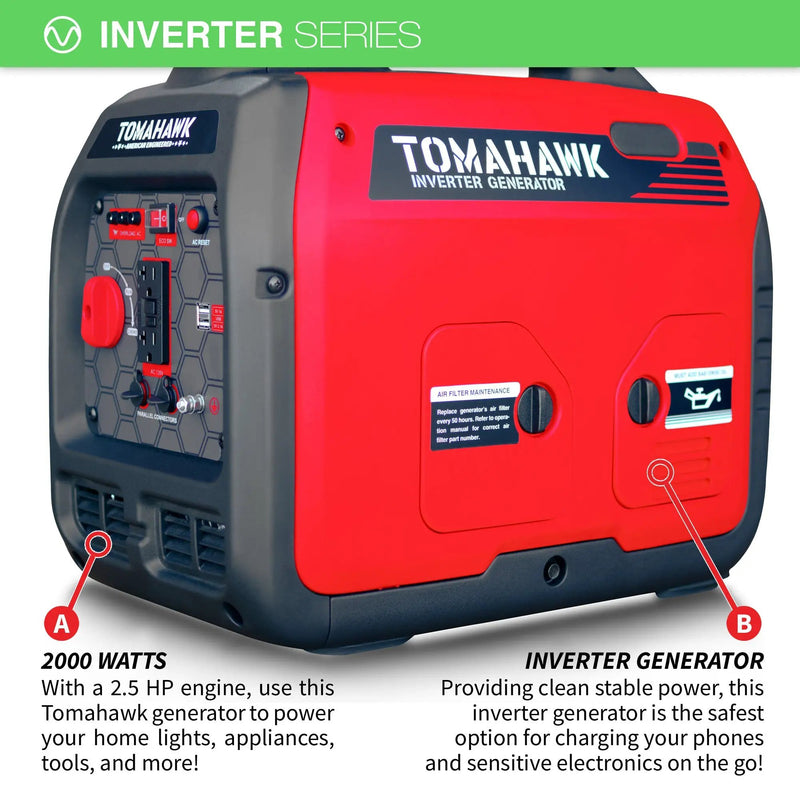 2000 Watt Inverter Generator Super Quiet Portable Gas Power Professional Use by Tomahawk Power